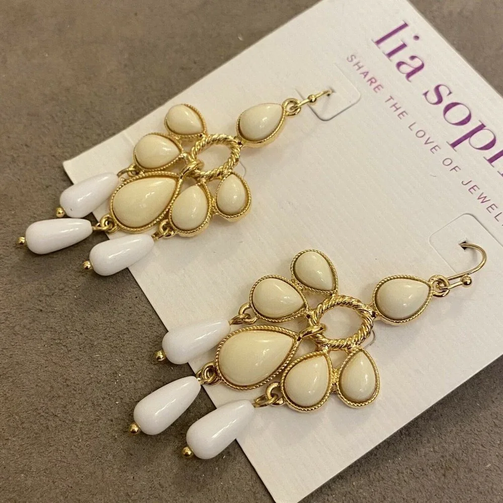 Lia Sophia Rhumba Earrings Beige White Gold Tones 2.75